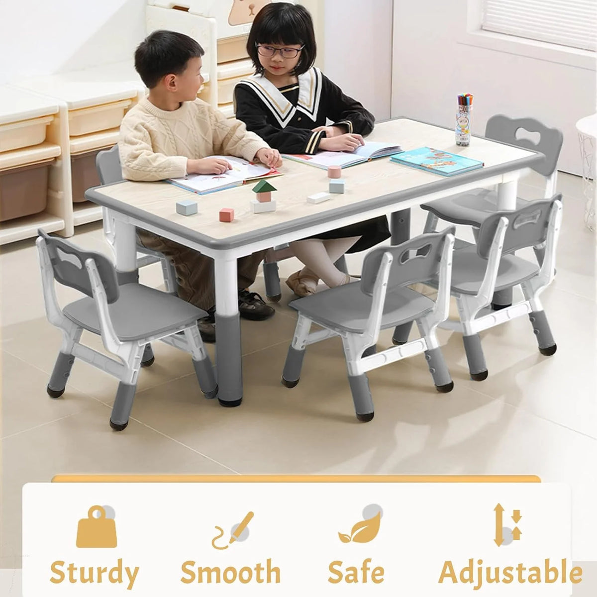 Twister.ck Kids Table and Chairs Set, Height Adjustable Toddler Table and 6 Chair, Multi - Activity Table with Graffiti Desktop for Ages 2 - 10, Children Activity Table for Daycare, Classroom, Home, Gray