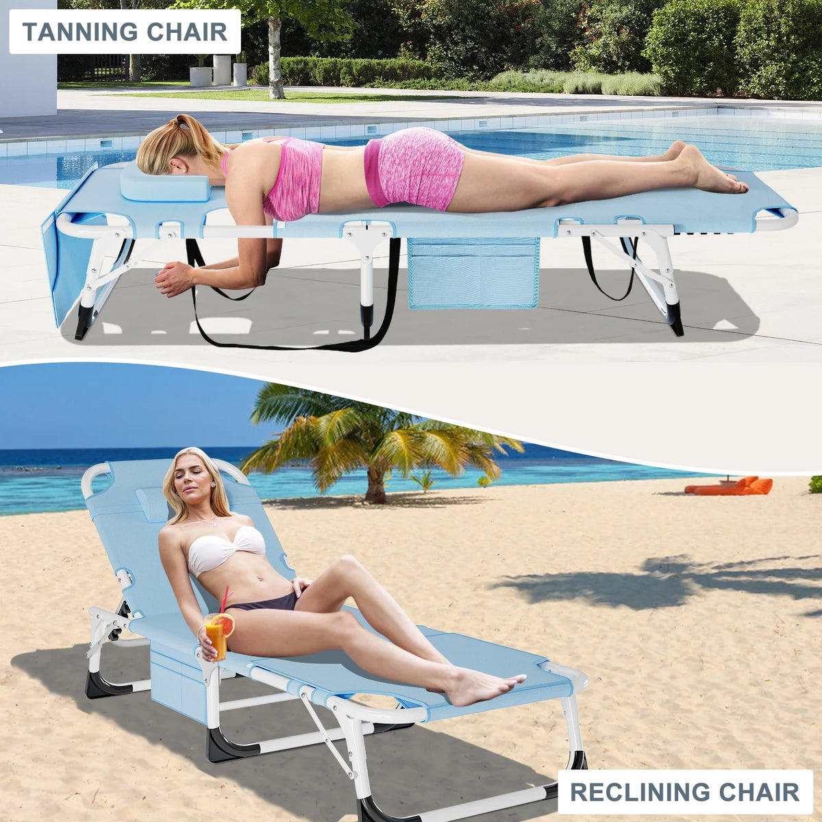 MOPHOTO Lounge Chair with Mattress, Outdoor Chaise Lounge Support 440 lb, Adjustable Portable Heavy Duty Sleeping Cots Bed for Camping, Pool, Beach, Patio