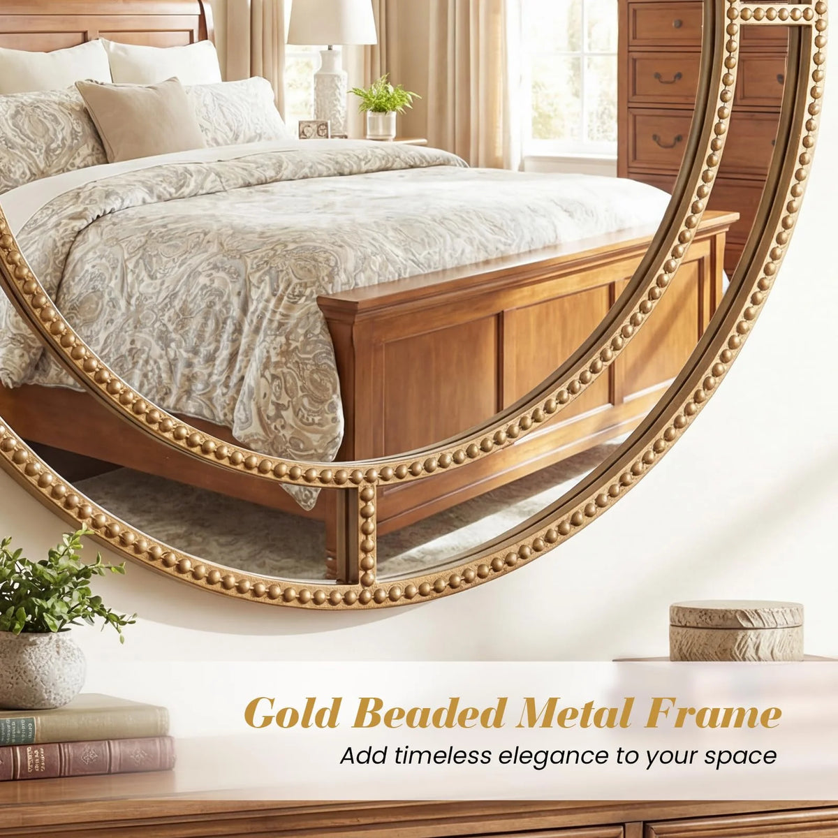 Tangkula 28" Gold Round Wall Mirror | Circle Decorative Modern with Beaded Frame for Living Room