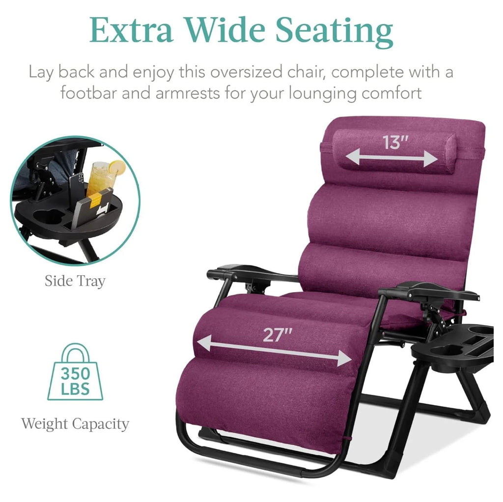 Oversized Chair, Folding Outdoor Patio Recliner, XL Anti Gravity Lounger W/Removable Cushion, Cup Holder, Side Tray, 350 lb Capacity - Taupe