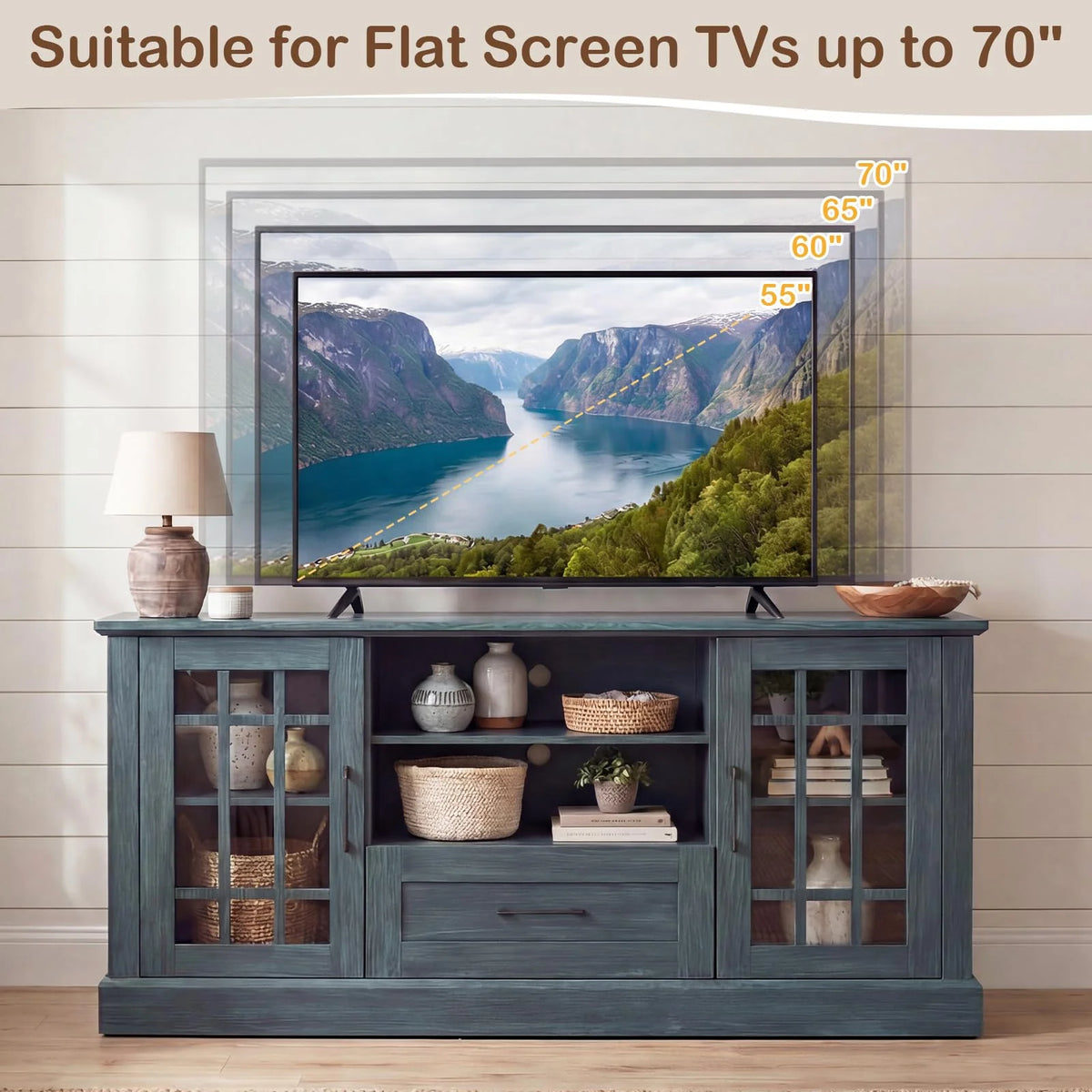 Tangkula Farmhouse TV Stand for TV up to 65 70 Inches 1 Drawer & 2 Open Shelves Wooden Entertainment Center