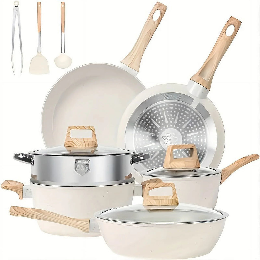 Non - Stick 12 POTS and Pans Set, Cookware Set, Including Frying Pan, Pan, Steamer, Silicone Spatula and Tongs - Granite Cooking Set (Black)