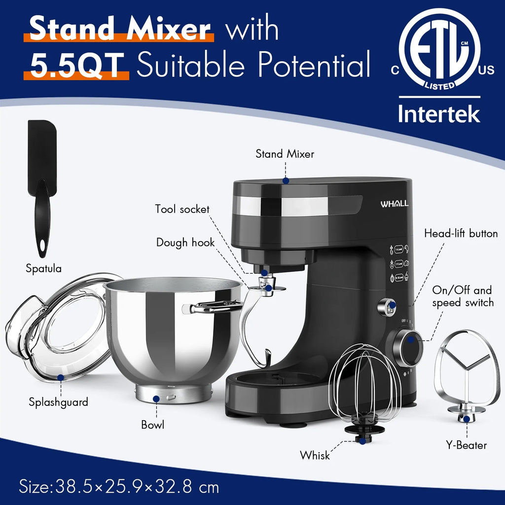WHALL Stand Mixer - 5.5qt 12 - Speed Tilt - Head Electric Kitchen Mixer with Dough Hook/Wire Whip/Beater, Stainless Steel Bowl (Black) New