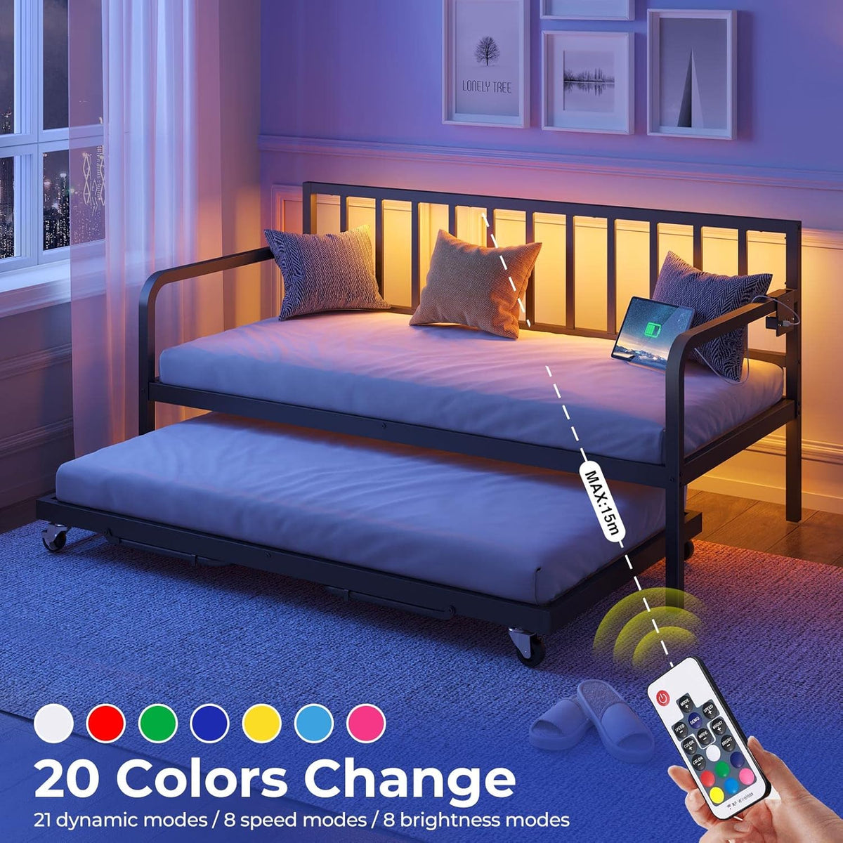 Twin Daybed with Trundle, Charging Station and LED Lights