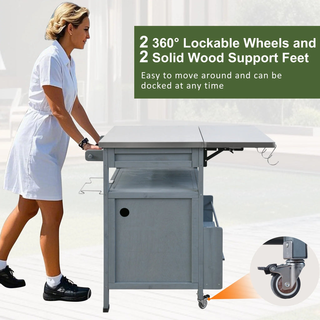 Bellemave Outdoor Serving Cart Kitchen Island Solid Wood Mobile Rolling Bar Cart with Lockable Wheels, Rack and Stainless Steel Top Beverage Storage Counter Table with Cabinet for Patio, Natural