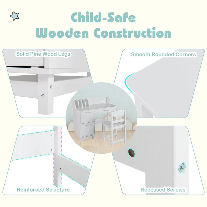 Wooden Kids Desk and Chair Set with Hutch, Storage Drawer & Cabinet, Children School Study Table Writing Computer Workstation for Ages 3-8