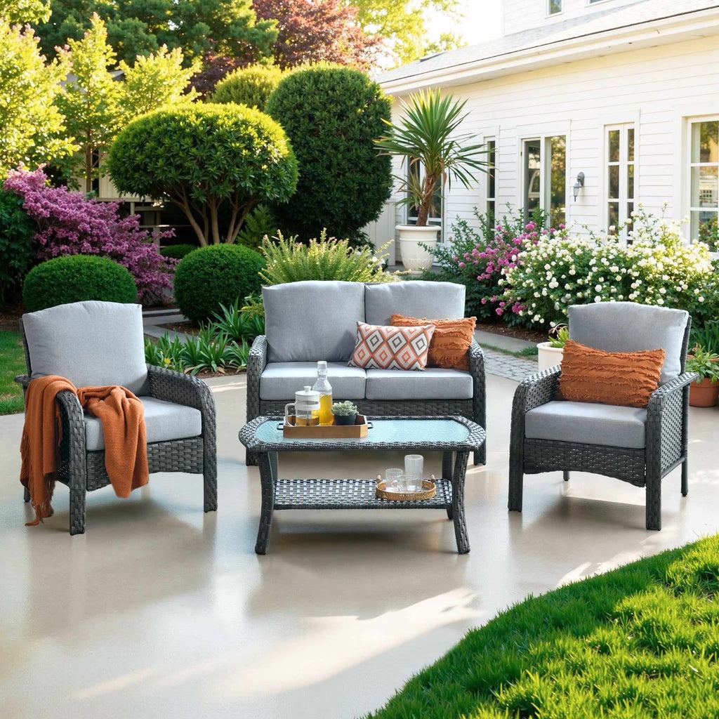 Ovios 4 Pieces Wicker Outdoor Patio Furniture with Coffee Table High Back All-Weather Rattan Outdoor Sectional Conversation Set for Backyard Porch Garden, Denim Blue