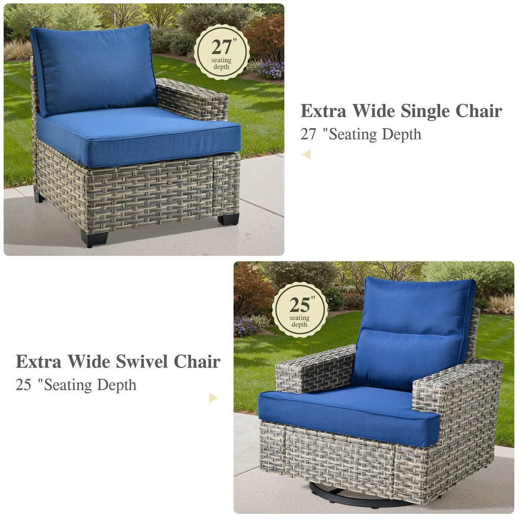 Ovios 10 Pieces Outdoor Patio Furniture Modern High - Back All - Weather Wicker Sectional Conversation Set with Propane Fire Pit Table & Swivel Chair, Dark Gray
