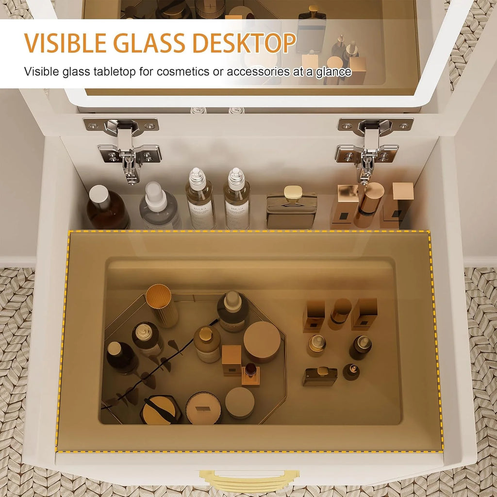 Montary Modern Mini Vanity W/Adjustable LED Mirror + Hidden Storage, Padded Stool & Dustproof Shelves (White)