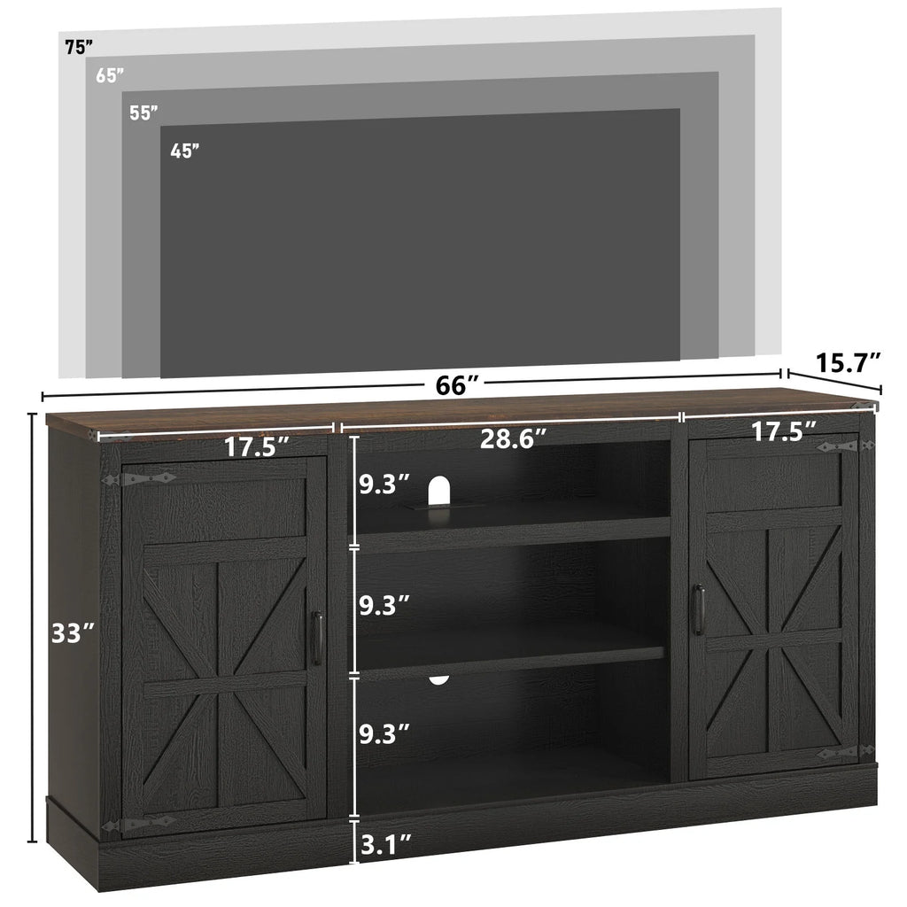 Chvans Farmhouse Barn Door TV Stand for up to 65" Tvs & 23" Electric Fireplace, Entertainment Center Console Table with Adjustable Shevles