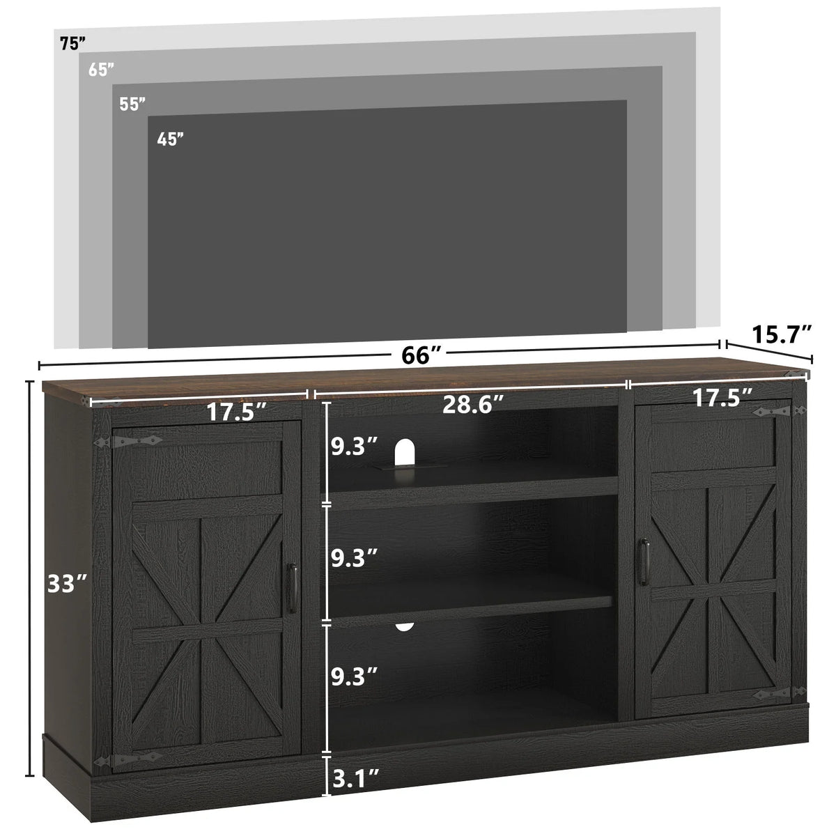 Chvans Farmhouse Barn Door TV Stand for up to 65" Tvs & 23" Electric Fireplace, Entertainment Center Console Table with Adjustable Shevles