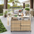 Yiweny Outdoor Rolling Wicker Bar Cart, Large Portable Outdoor Wicker Bar Table with Cabinet Storage and Glass Countertop, Patio Wicker Serving Bar Cart for Pool, Party, Backyard, Black
