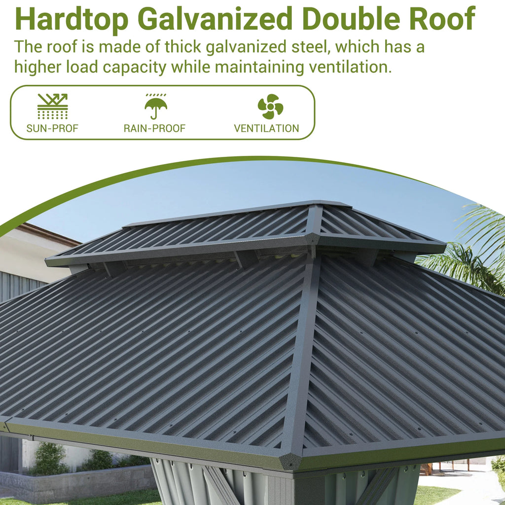 MUCHANT 10'X12' Hardtop Gazebo with Aluminum Frame, Permanent Outdoor Pavilion Metal Gazebo with Galvanized Steel Double Roof & Mosquito Netting and Curtains for Patios, Gardens, Lawns, Gray