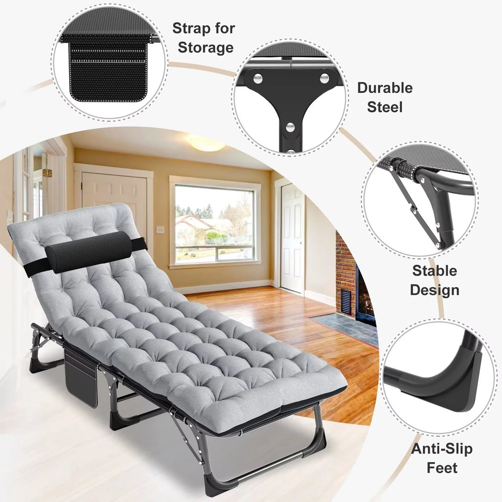 MOPHOTO Lounge Chair with Mattress, Outdoor Chaise Lounge Support 440 lb, Adjustable Portable Heavy Duty Sleeping Cots Bed for Camping, Pool, Beach, Patio
