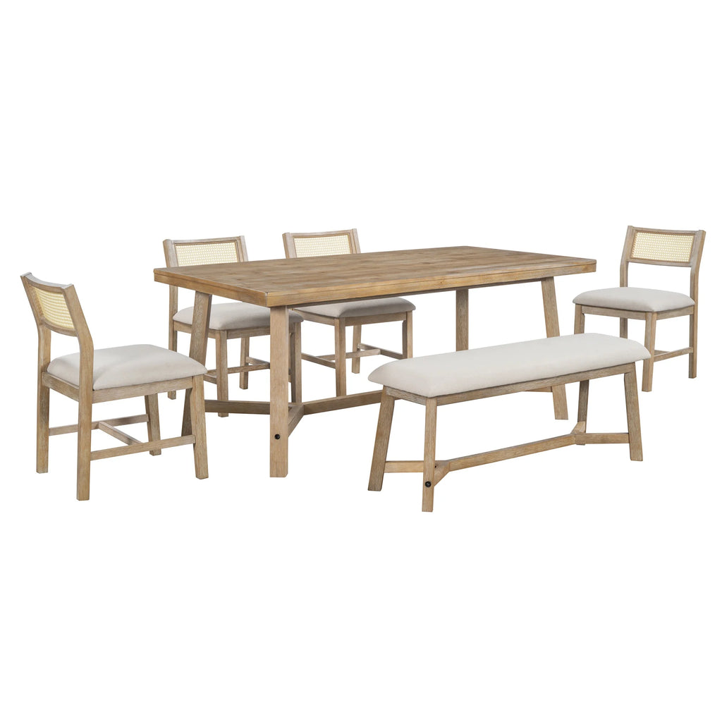 PORKISS 6 - Piece Dining Room Set, Farmhouse Dining Table Set with Bench and 4 Upholstered Chairs, Natural