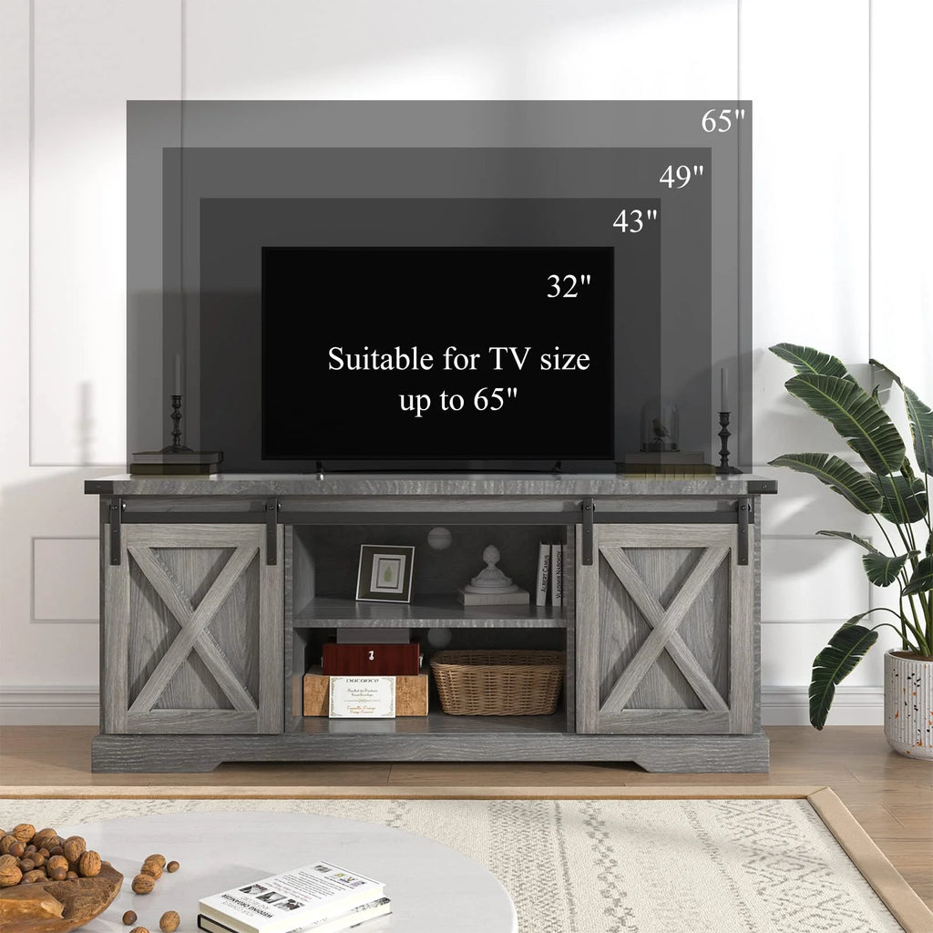 Chvans Farmhouse Barn Door TV Stand for up to 65" Tvs & 23" Electric Fireplace, Entertainment Center Console Table with Adjustable Shevles