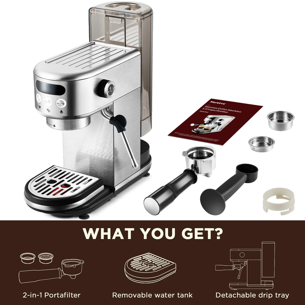 Neretva Espresso Machine 15 Bar Professional Espresso Maker with Milk Frother Steam Wand, Cappuccino & Latte Machine, Espresso Coffee Machine for Home - Stainless Steel