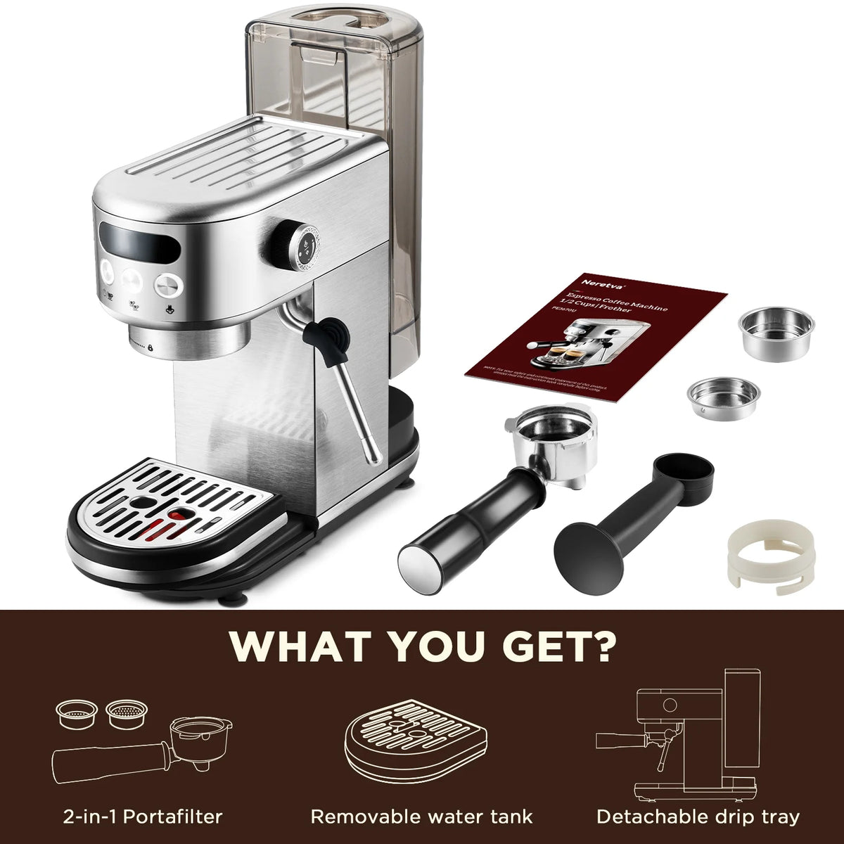 Neretva Espresso Machine 15 Bar Professional Espresso Maker with Milk Frother Steam Wand, Cappuccino & Latte Machine, Espresso Coffee Machine for Home - Stainless Steel