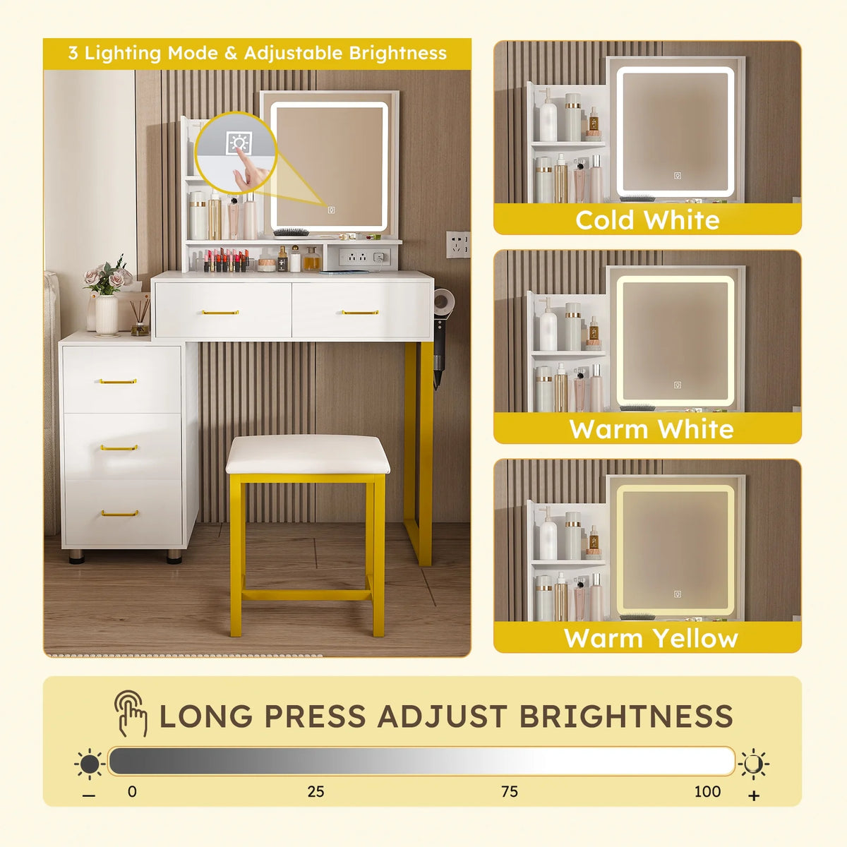 Montary Modern Mini Vanity W/Adjustable LED Mirror + Hidden Storage, Padded Stool & Dustproof Shelves (White)