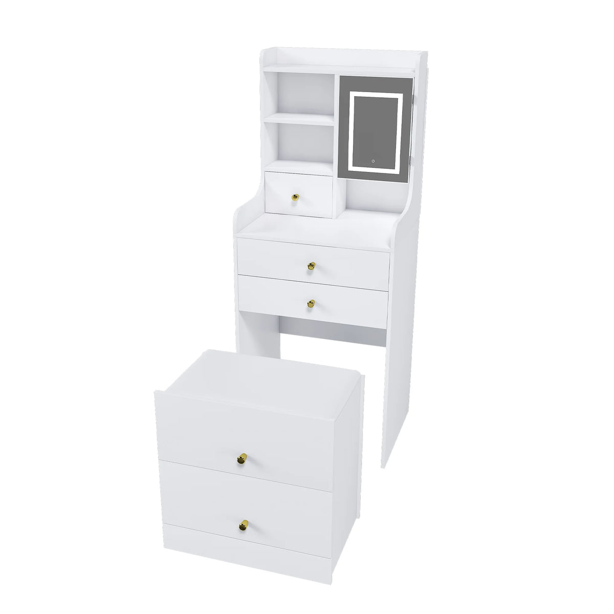 Montary Modern Mini Vanity W/Adjustable LED Mirror + Hidden Storage, Padded Stool & Dustproof Shelves (White)