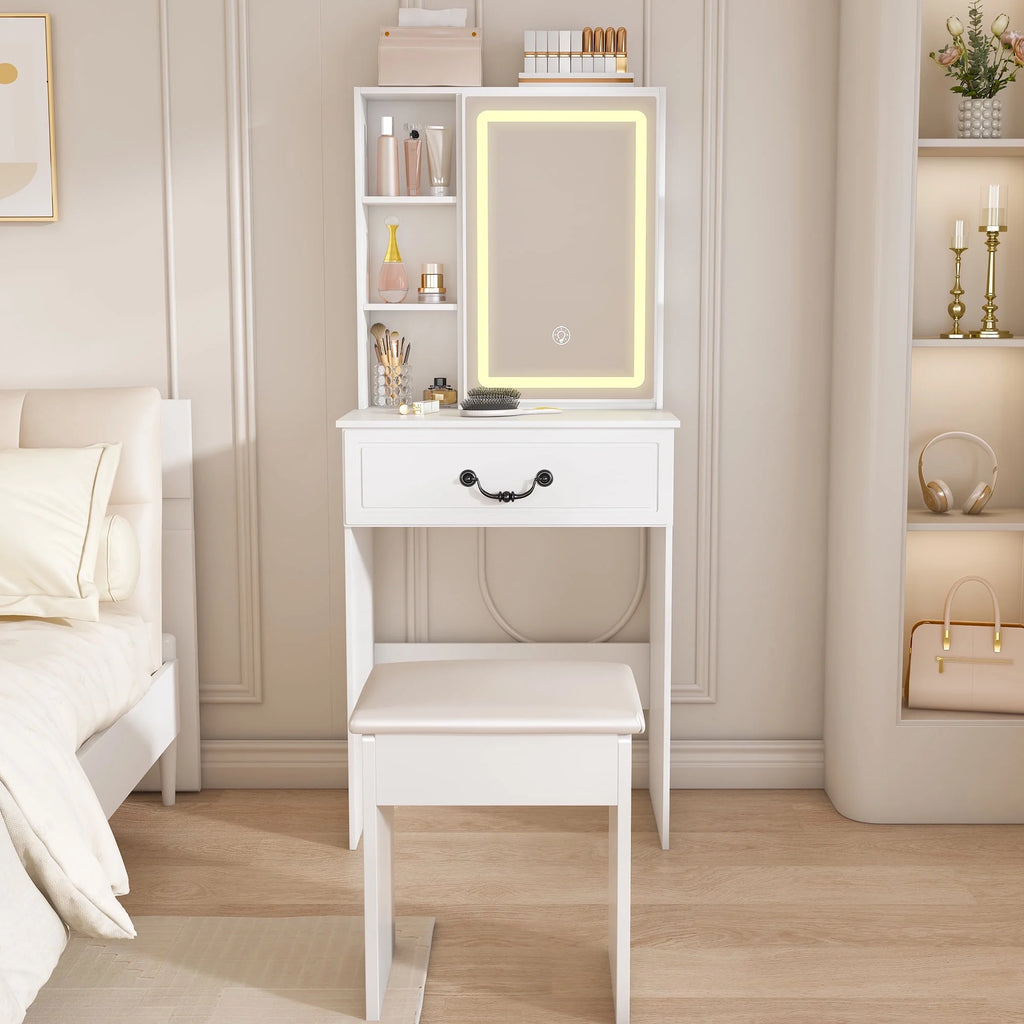 Montary Modern Mini Vanity W/Adjustable LED Mirror + Hidden Storage, Padded Stool & Dustproof Shelves (White)
