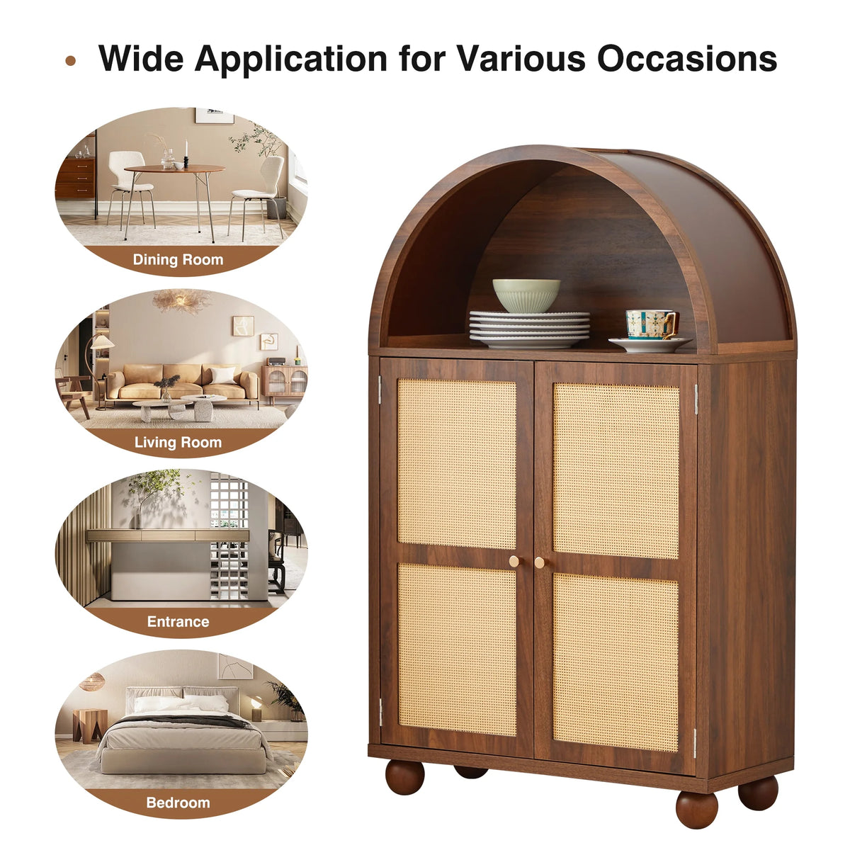 Wirrytor Arched Kitchen Storage Cabinet, Sideboard Buffet Cabinet with 2 - Tier and 2 Doors, Black Sideboard, Kitchen Pantry Cabinet, Wooden Storage Cabinet for Living Room