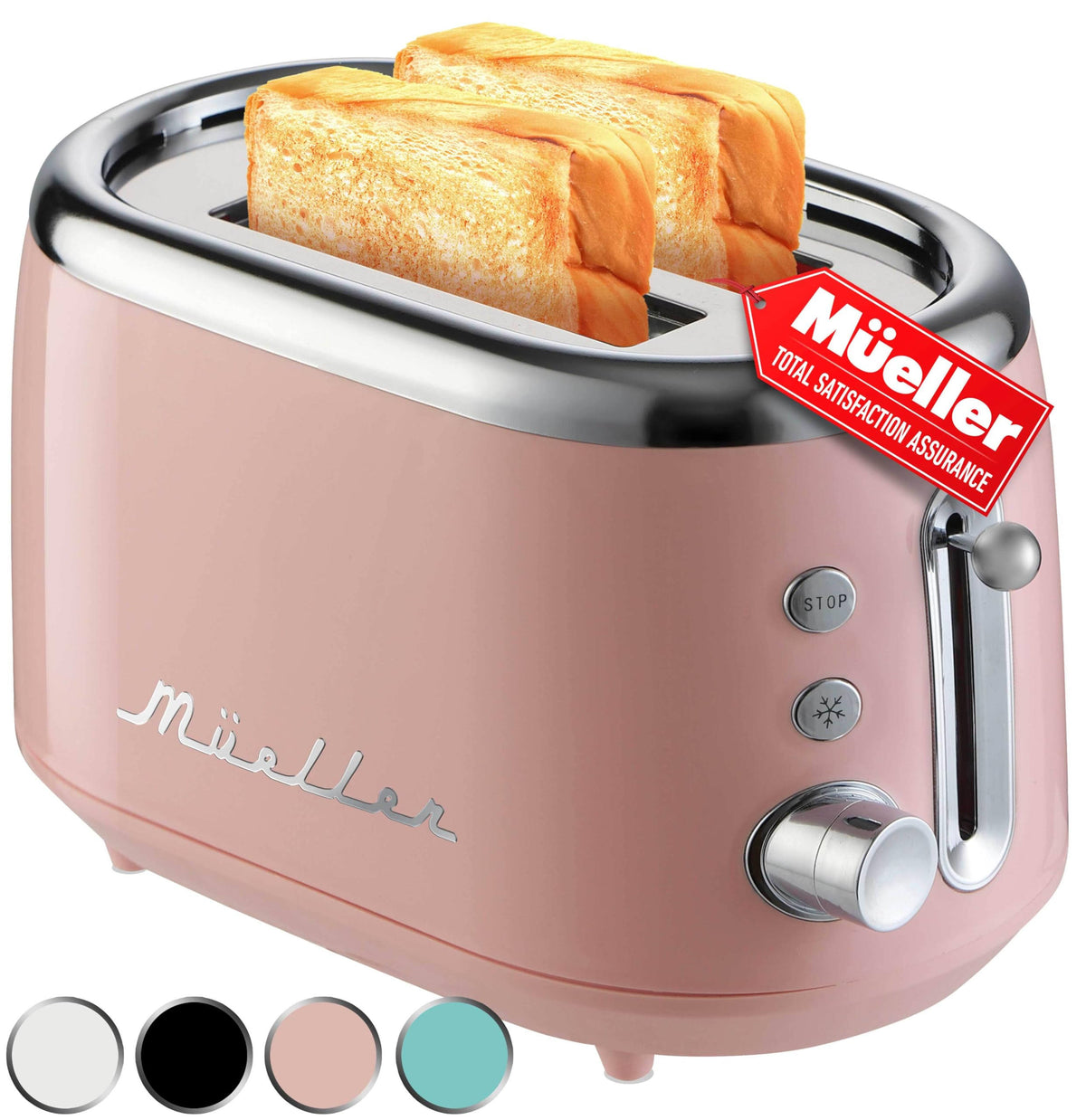 Mueller Retro Toaster 2 Slice with 7 Browning Levels and 3 Functions: Reheat, Defrost & Cancel, Stainless Steel Features, Removable Crumb Tray,