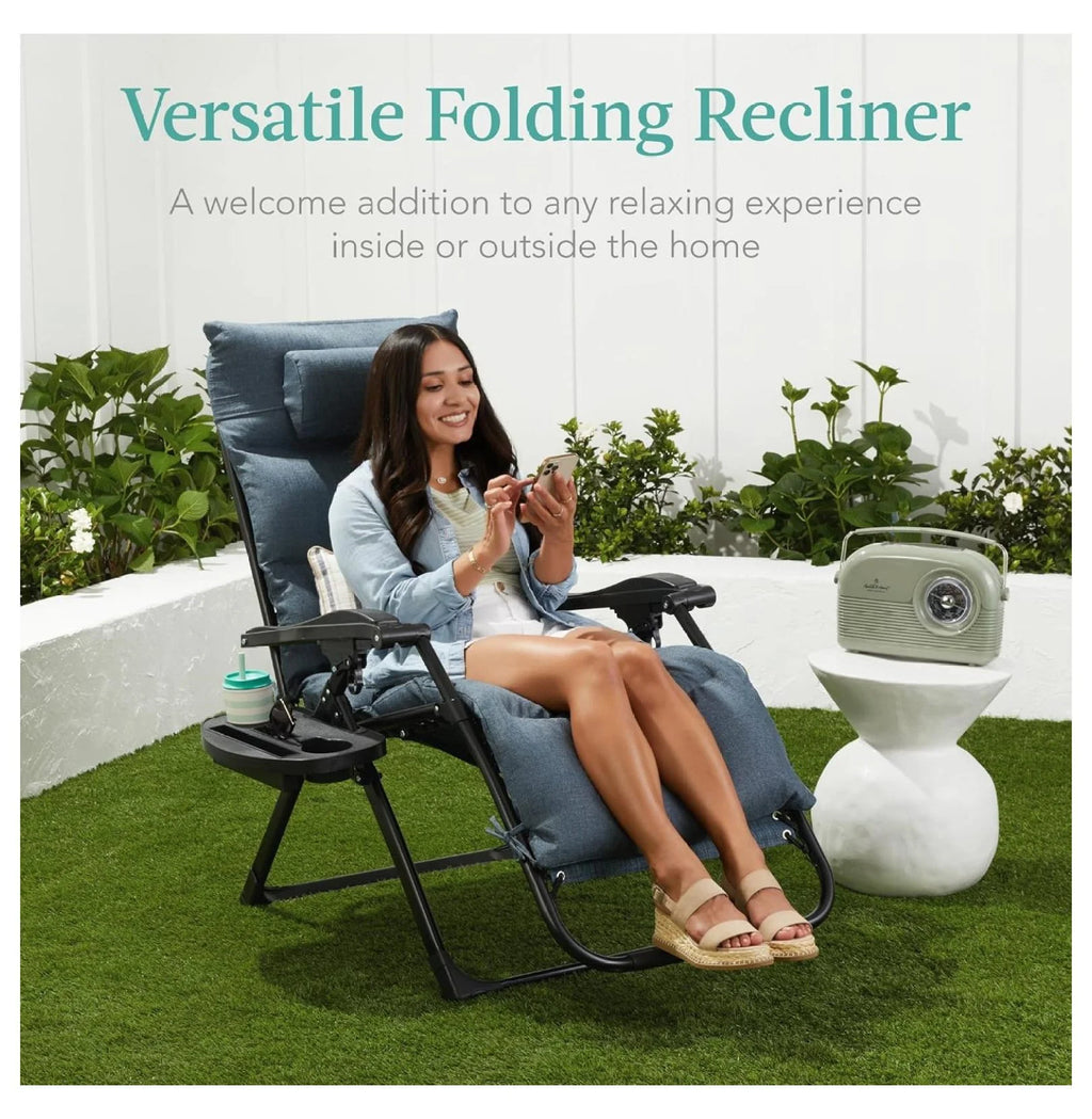 Oversized Chair, Folding Outdoor Patio Recliner, XL Anti Gravity Lounger W/Removable Cushion, Cup Holder, Side Tray, 350 lb Capacity - Taupe
