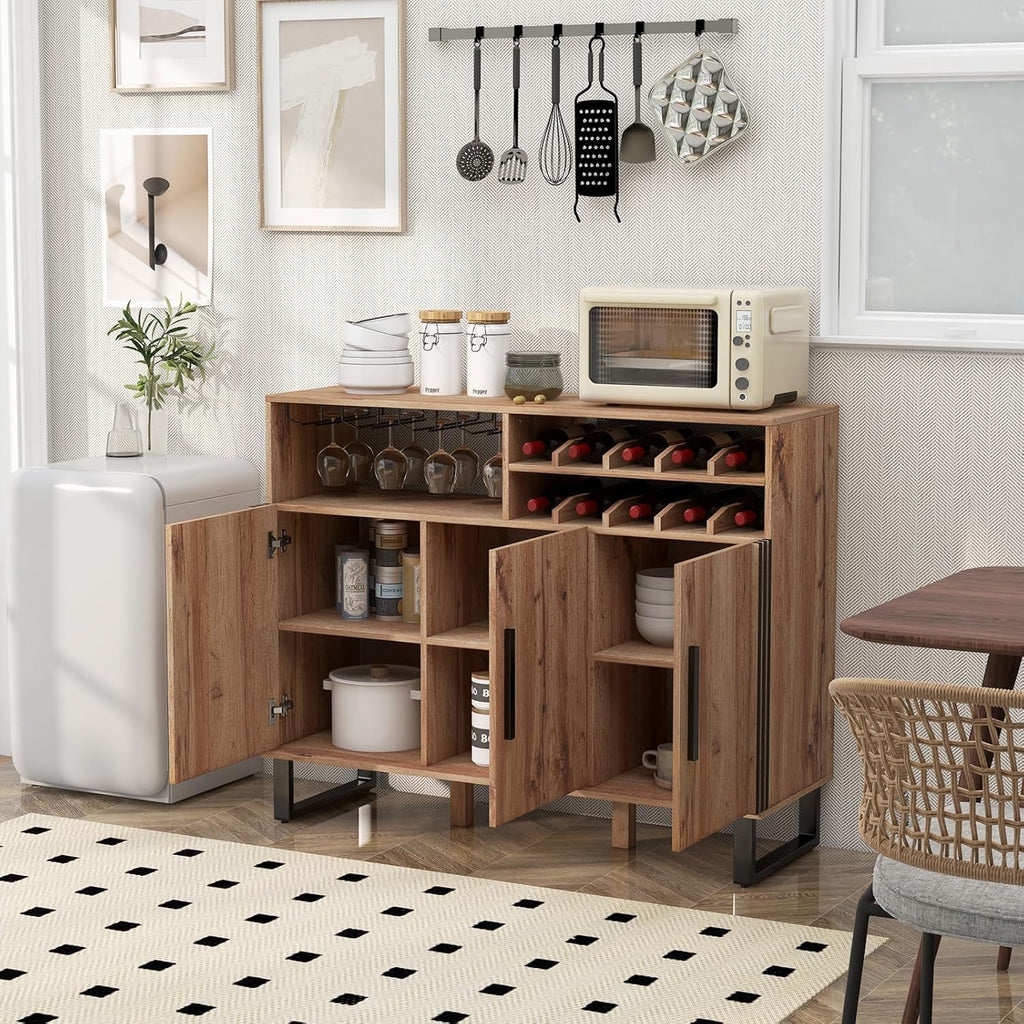 Wine Bar Sideboard with Three Doors and Glass Holder, Brown