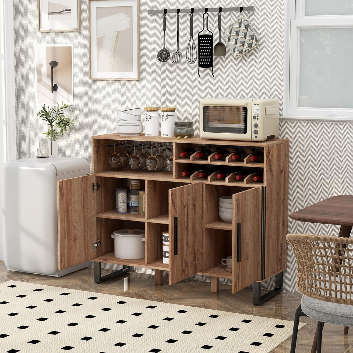 Wine Bar Sideboard with Three Doors and Glass Holder, Brown