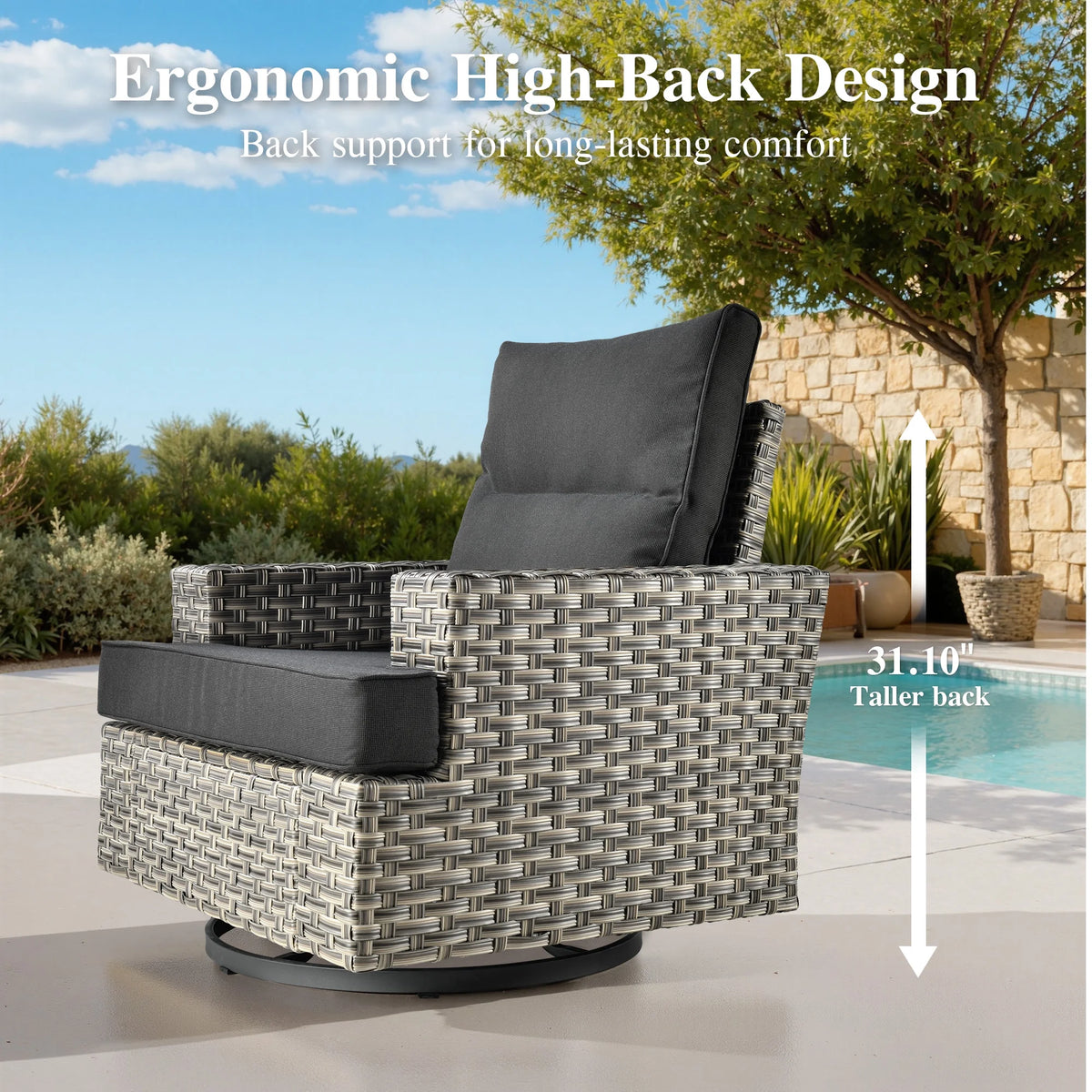 Ovios 10 Pieces Outdoor Patio Furniture Modern High - Back All - Weather Wicker Sectional Conversation Set with Propane Fire Pit Table & Swivel Chair, Dark Gray