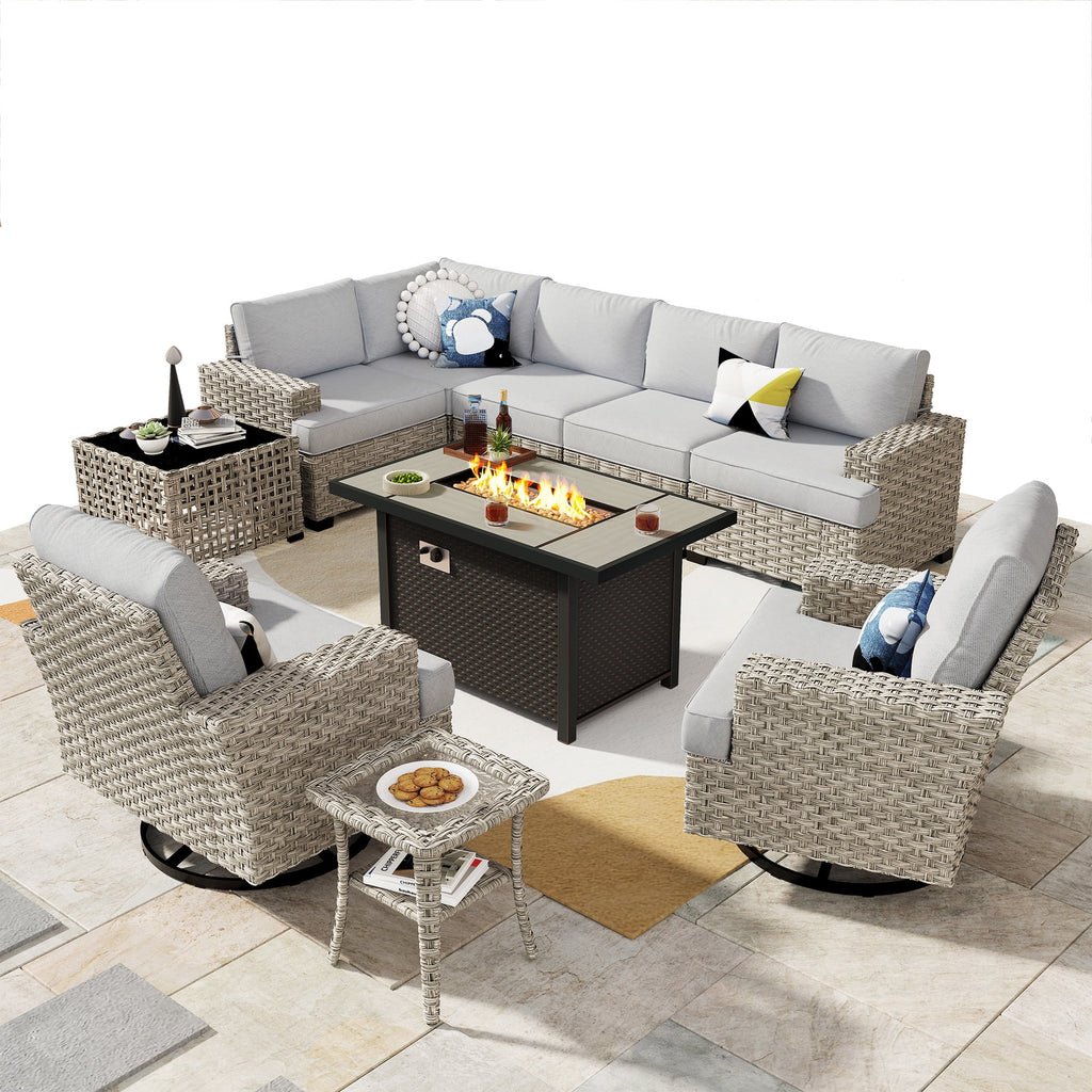 Ovios 10 Pieces Outdoor Patio Furniture Modern High - Back All - Weather Wicker Sectional Conversation Set with Propane Fire Pit Table & Swivel Chair, Dark Gray