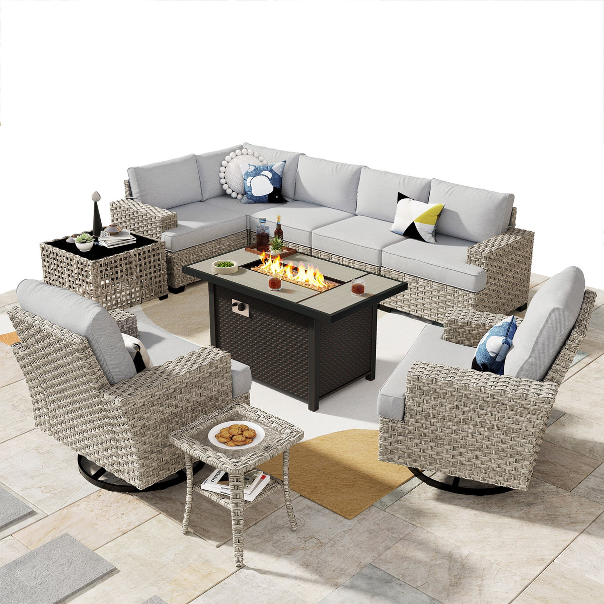 Ovios 10 Pieces Outdoor Patio Furniture Modern High - Back All - Weather Wicker Sectional Conversation Set with Propane Fire Pit Table & Swivel Chair, Dark Gray