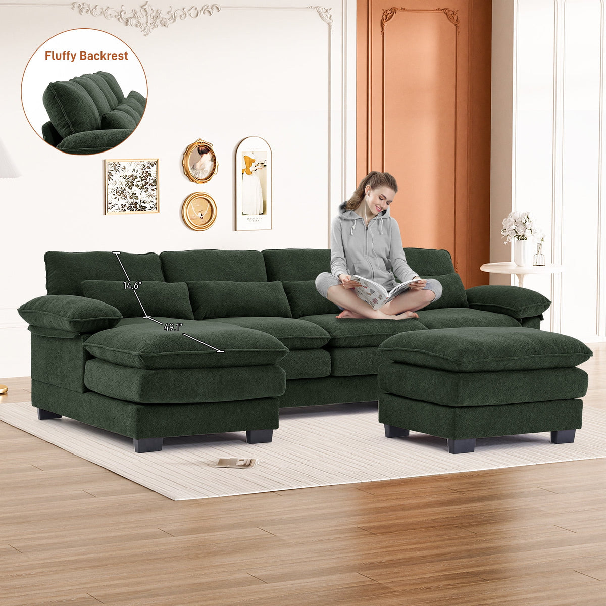 Rophefx 114.3" U Shaped Sectional Couches for Living Room, Cloud Couch, 4 Seats Chenille Couch with Double Layer Cushion, Orange