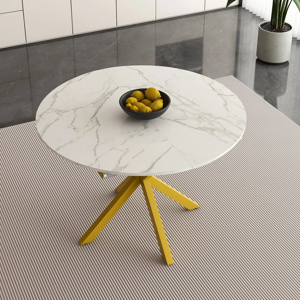UHOMEPRO Extendable Dining Table with Extendable Blades, Modern Round Kitchen Table with Faux Marble Tabletop, Single Dining Room Table with Carbon Steel X - Shaped Base for Dining Room, White+Gold