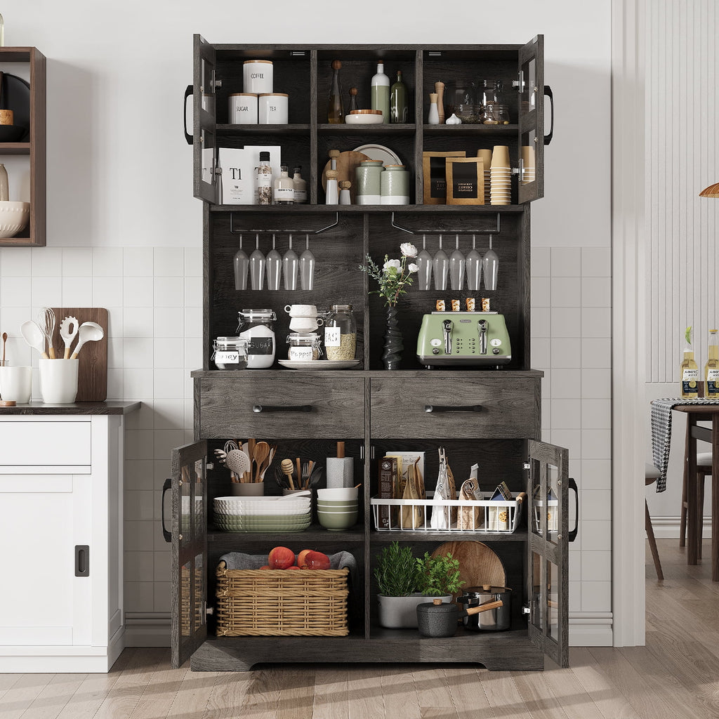 Planntonneo 71'' Tall Kitchen Pantry Storage Hutch Cabinet with Doors and Shelves, Grey Oak