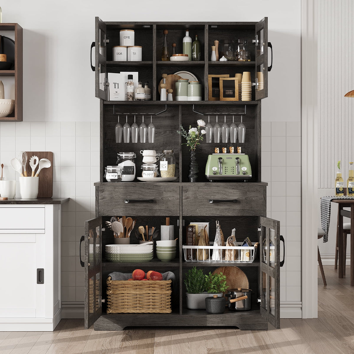 Planntonneo 71'' Tall Kitchen Pantry Storage Hutch Cabinet with Doors and Shelves, Grey Oak