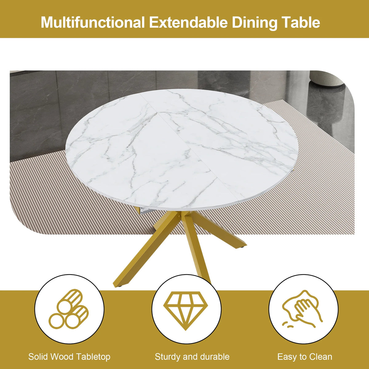 UHOMEPRO Extendable Dining Table with Extendable Blades, Modern Round Kitchen Table with Faux Marble Tabletop, Single Dining Room Table with Carbon Steel X - Shaped Base for Dining Room, White+Gold