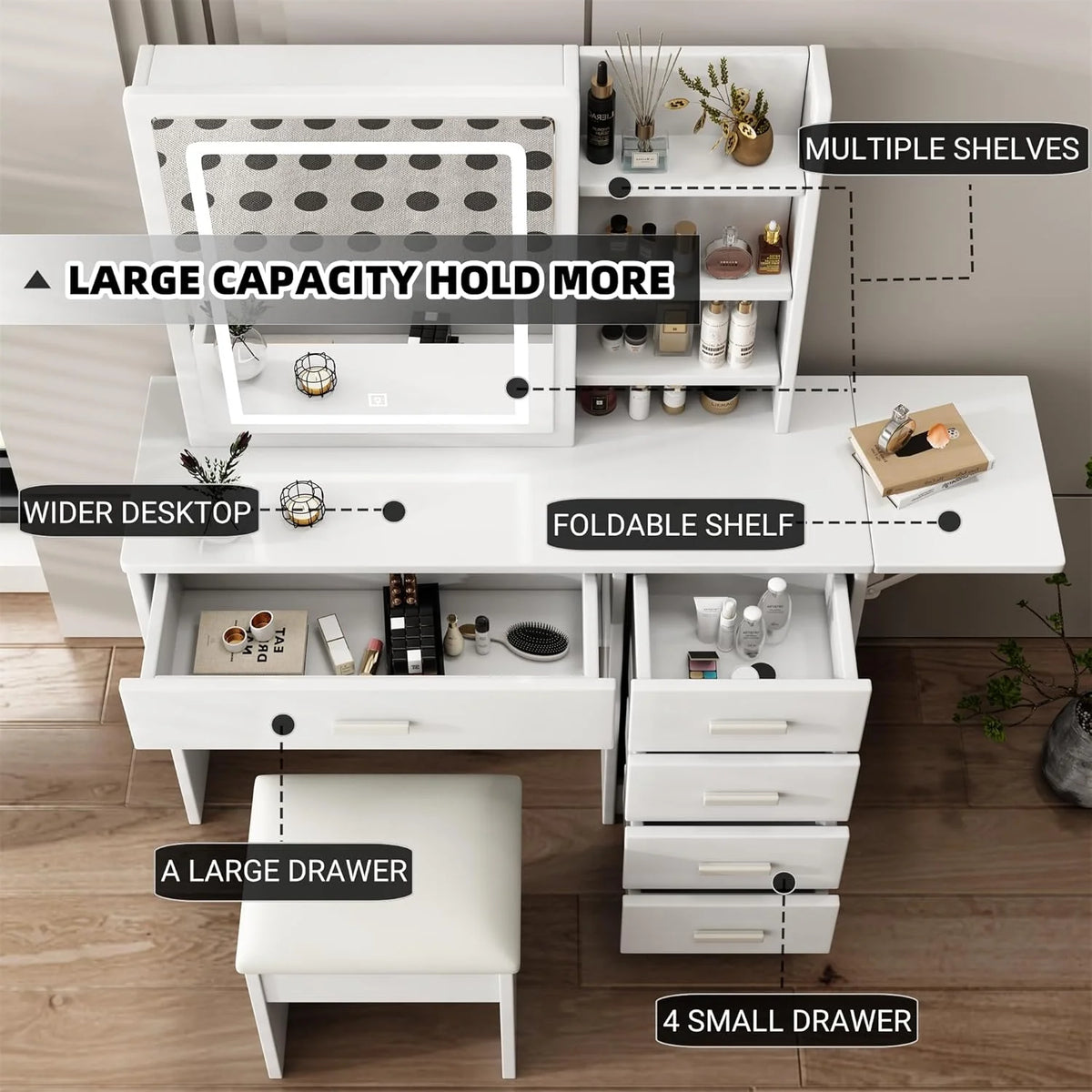 Montary Modern Mini Vanity W/Adjustable LED Mirror + Hidden Storage, Padded Stool & Dustproof Shelves (White)