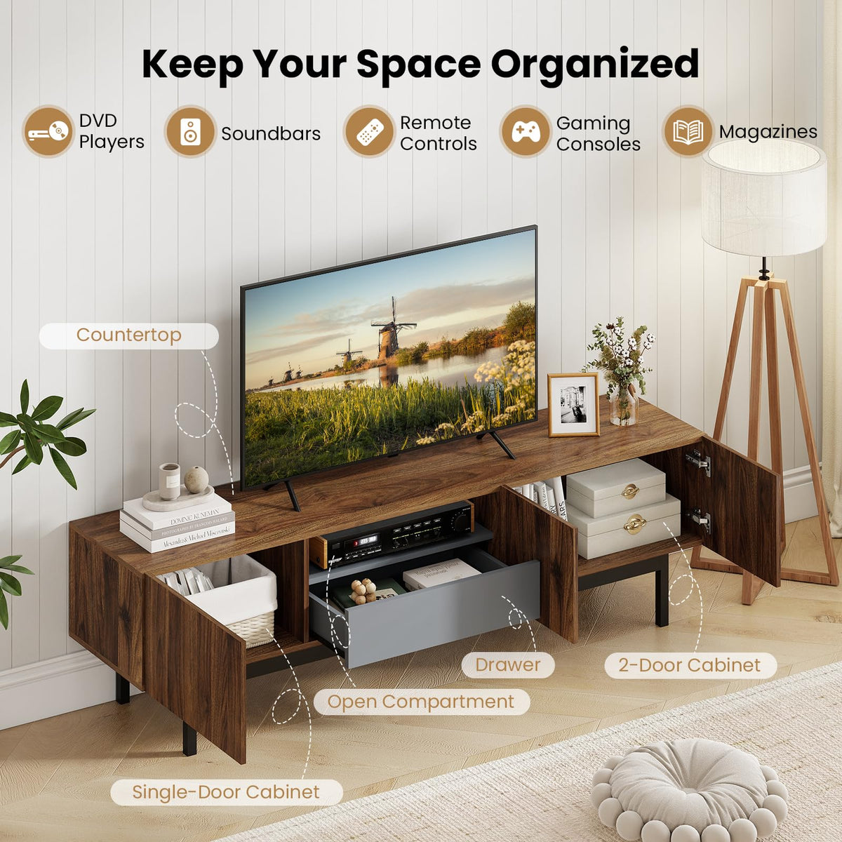 Tangkula Mid Century Modern Large TV Stand for TVs up to 80”