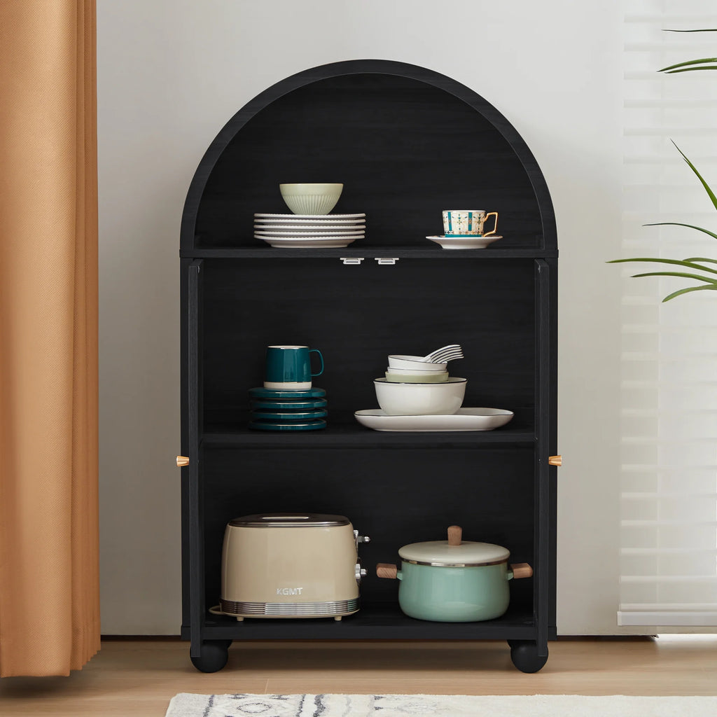 Wirrytor Arched Kitchen Storage Cabinet, Sideboard Buffet Cabinet with 2 - Tier and 2 Doors, Black Sideboard, Kitchen Pantry Cabinet, Wooden Storage Cabinet for Living Room