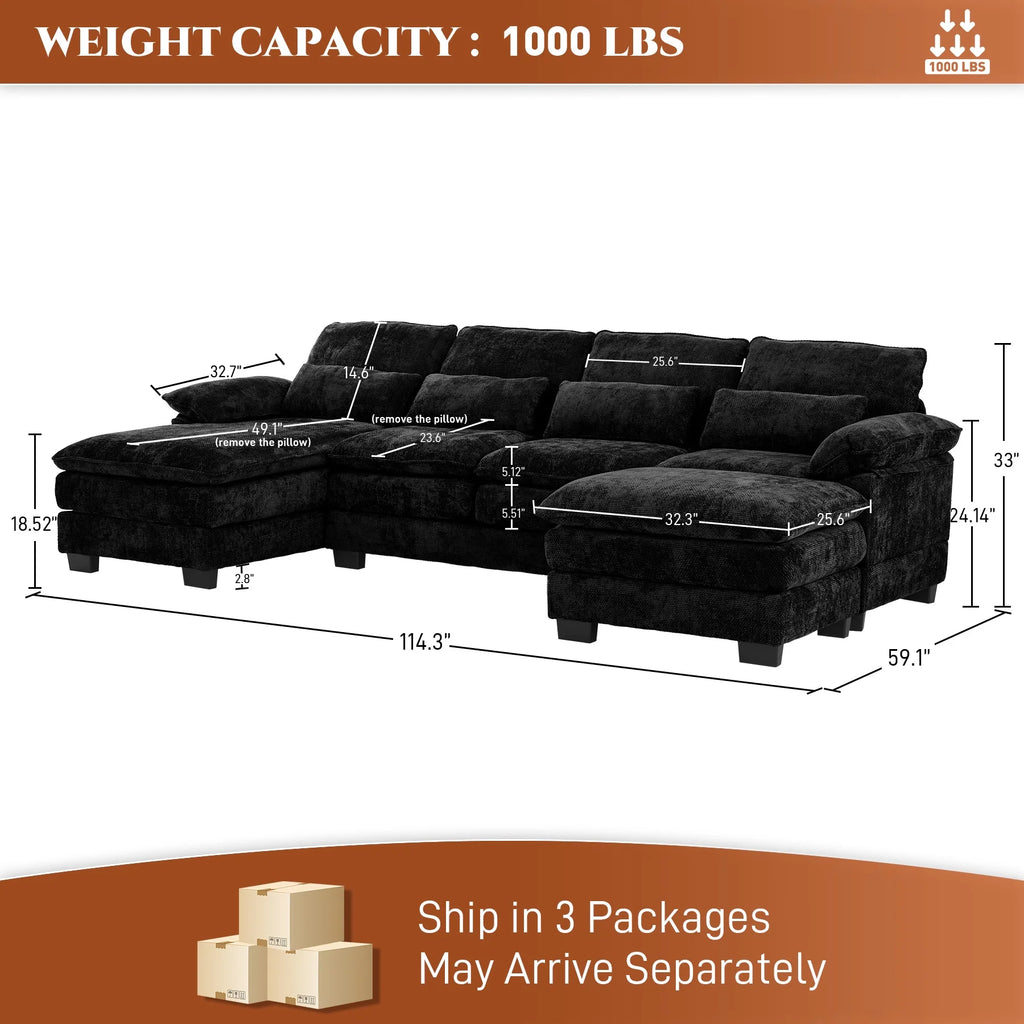 Rophefx 114.3" U Shaped Sectional Couches for Living Room, Cloud Couch, 4 Seats Chenille Couch with Double Layer Cushion, Orange
