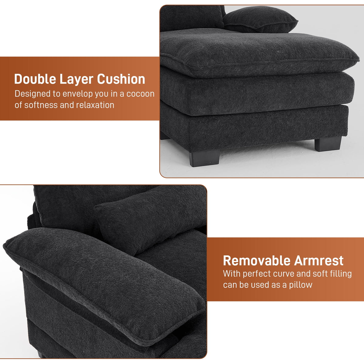 Rophefx 114.3" U Shaped Sectional Couches for Living Room, Cloud Couch, 4 Seats Chenille Couch with Double Layer Cushion, Orange