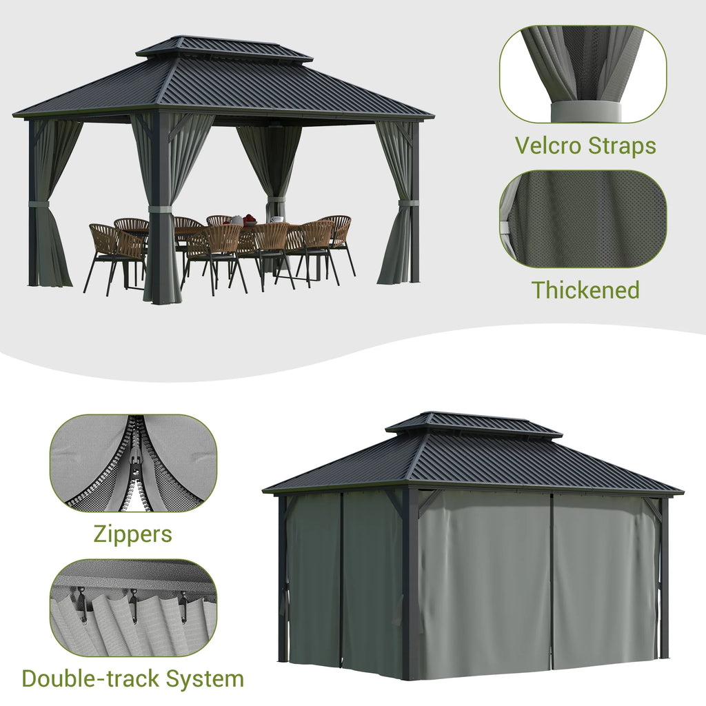 MUCHANT 10'X12' Hardtop Gazebo with Aluminum Frame, Permanent Outdoor Pavilion Metal Gazebo with Galvanized Steel Double Roof & Mosquito Netting and Curtains for Patios, Gardens, Lawns, Gray