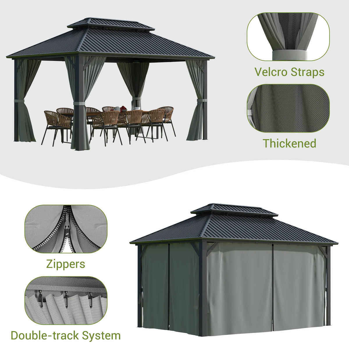 MUCHANT 10'X12' Hardtop Gazebo with Aluminum Frame, Permanent Outdoor Pavilion Metal Gazebo with Galvanized Steel Double Roof & Mosquito Netting and Curtains for Patios, Gardens, Lawns, Gray