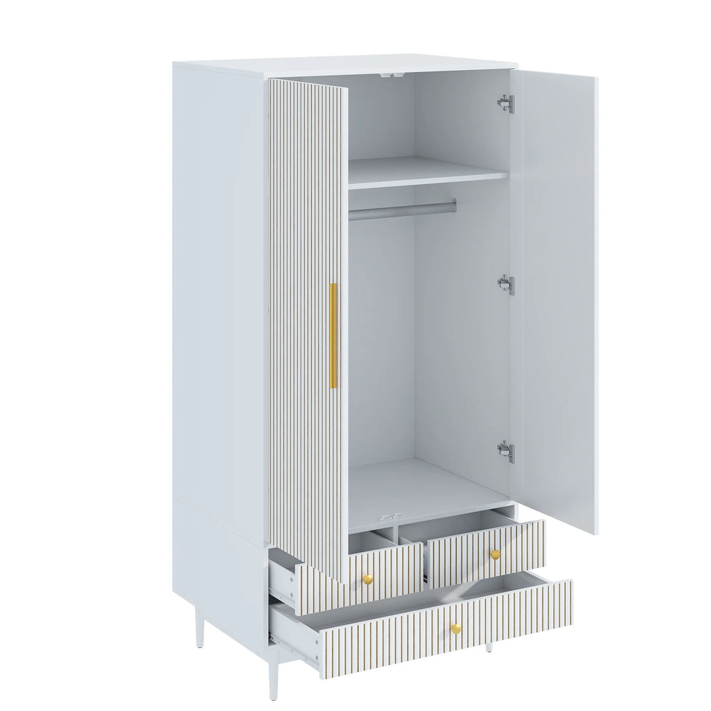Oubayajia Wardrobe Armoire Closet, 2 Fluted Doors Wardrobe Cabinet with 3 - Drawer and Hanging Rod, Wood Wardrobe Storage for Bedroom