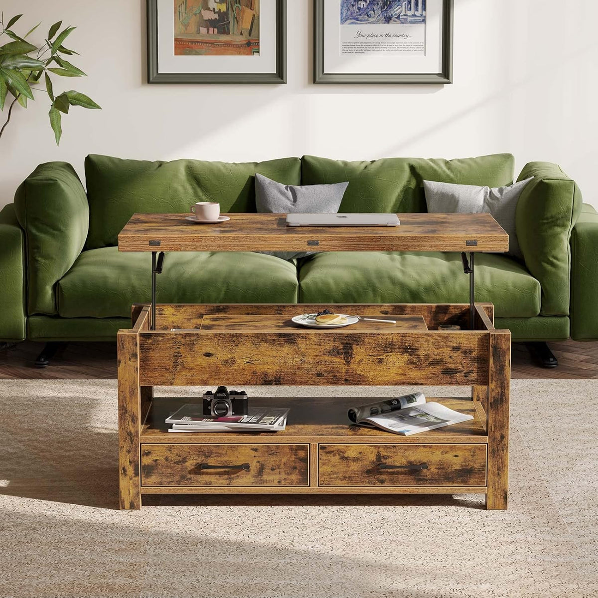 Lift-Top Coffee Table with Drawers and Hidden Storage