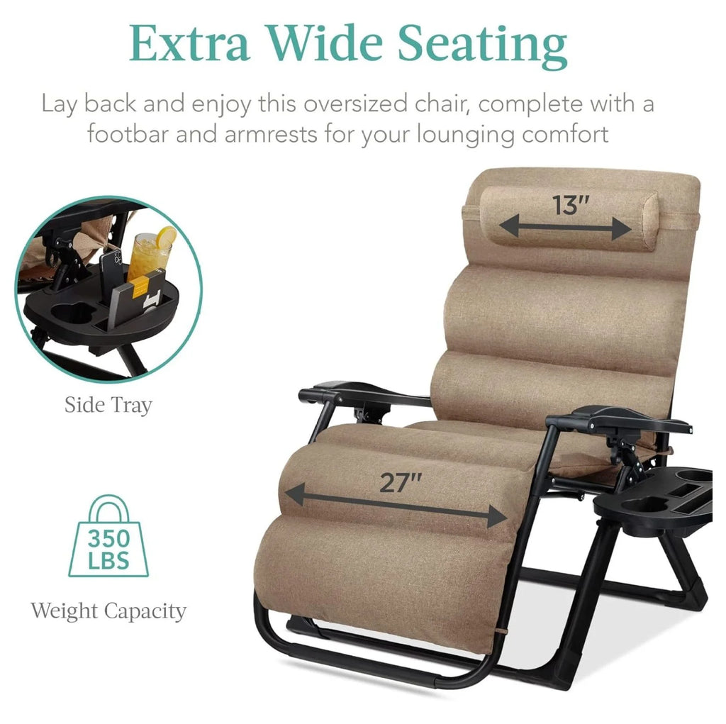 Oversized Chair, Folding Outdoor Patio Recliner, XL Anti Gravity Lounger W/Removable Cushion, Cup Holder, Side Tray, 350 lb Capacity - Taupe