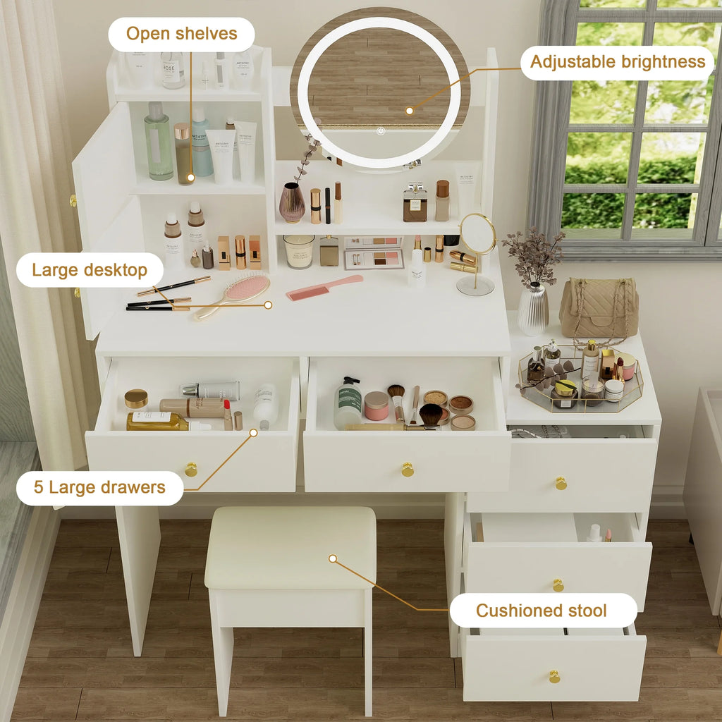 Montary Modern Mini Vanity W/Adjustable LED Mirror + Hidden Storage, Padded Stool & Dustproof Shelves (White)