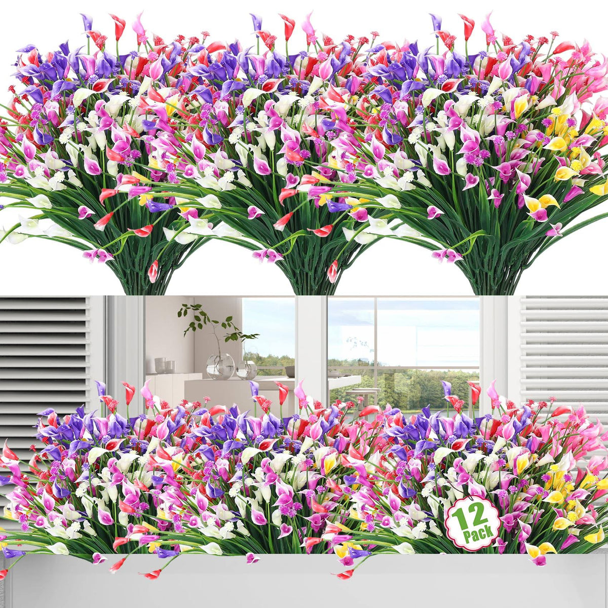 Moulyan 12 Bundles Artificial Flowers for Outdoors UV Resistant Fake Flowers Faux Plants for Hanging Garden Porch Window Box Outside Decoration,Home